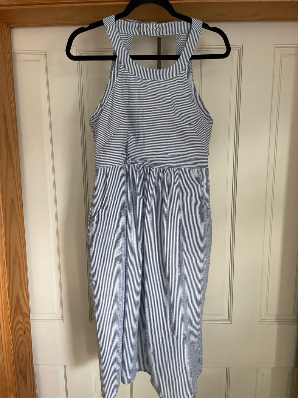 NOM Blue & White Halter Midi Dress side Pockets, Open Back Zip Closure Size L